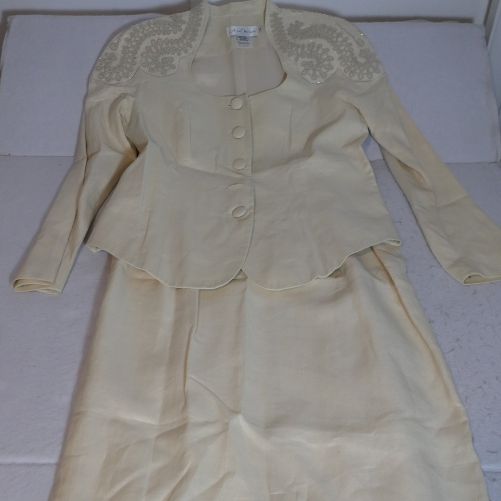 Anne French Womens Skirt Suit 10 Cream Soutache Sequin Vtg Coastal Grandmother